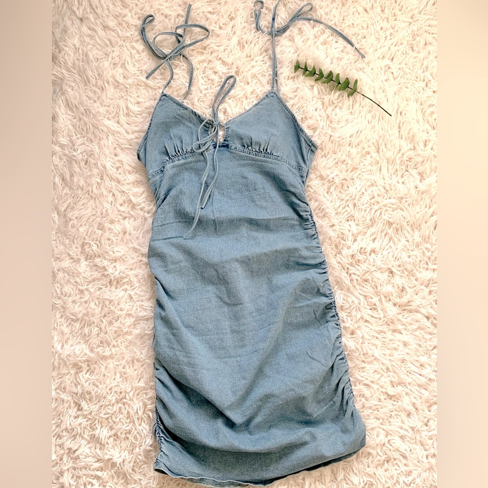 Ruched Knot Front Denim Dress - Size Medium